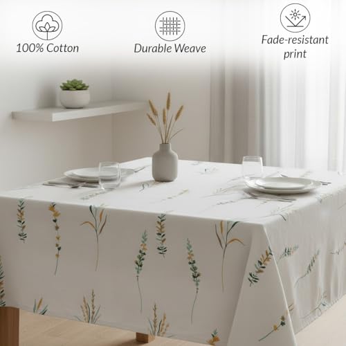 Image of HOMEMONDE 100% Cotton Premium Dining Table Cover 45 x 45 Inches Floral Printed Table Cloth for 4 Seater, Square Centre Table Cover (114 x 114 CM, Leafscape - Yellow & Green)