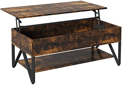 Novilla Metal Frame Lift Top Coffee Table with Large Hidden Storage, 3 Tier Tea Tables for Living Room, industrial Style, Adjustable table legs, Waterproof&Anti-scratch Desktop, Rustic Brown