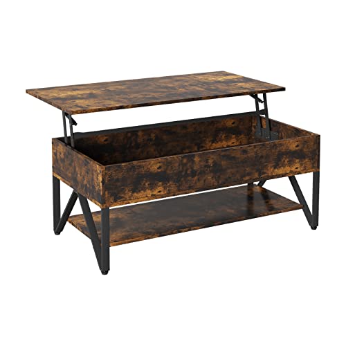 Novilla Table Basse de Salon avec Plateau Relevable, Compartiment Caché, Grande Capacité de Rangement, Table de Salon et Salle à Manger, Design en W, Style Industriel, Métal, 102×52×42cm, Marron Cover