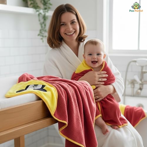 Image of Ultra-Soft Baby Hooded Towel - Coral Velvet Wrap Your Little One in Softness and Joy, Hypoallergenic & Super Absorbent Bath Wrap for Newborns & Toddlers | Cute Animal Design (0-5 Years) (Red & Yellow)