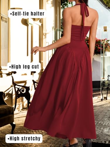 Image of ChiaoLezhee Deep V Neck Dress, Halter Maxi Dresses, Vacation Date Night, Sexy for Women Corset Flowy Wedding Guest Drop Waist