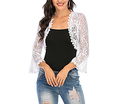 Enjoyoself Bolero Fiesta Mujer Encaje Boda Chaqueta Corta Manga Larga Cárdigan Corto Torera Elegante para Verano Primavera