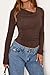 PRETTYGARDEN Women's Long Sleeve Cowl Neck Ribbed Knit Spring Shirts Slim Fit Ruched Going Out Crop Tops Basic T-Shirts(Brown,Small)