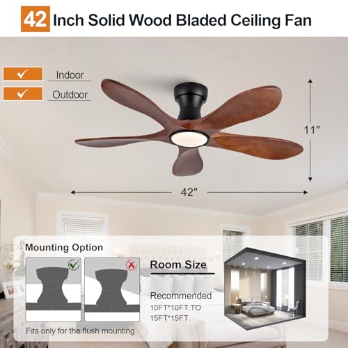 Image of 42 Inch Flush Mount Ceiling Fans with Lights and Remote, Dimmable 5 Blade Wood Outdoor Ceiling Fan Outdoor Fans for Patios Low Profile Modern Ceiling Fan with Light for Bedroom Living Room