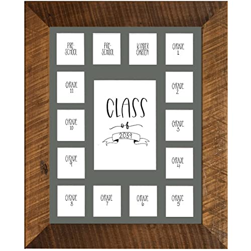 Image of Rustic Red Door Co. School Years Reclaimed Wood Picture Frame with Mat - 11x14 Wooden Framed 15 Photo Collage Mat Pre-School & Kindergarten to 12th Grade High School Graduation (Class of 2039, Grey)