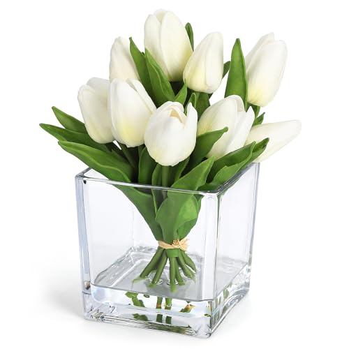 Garvee White Tulip Artificial Flowers with Glass Vase, Silk Faux Tulip Flower Arrangement with Faux Water, Fake Flowers in Vase for Table Centerpieces, Shelf Bathroom Decor, Home & Wedding Decoration
