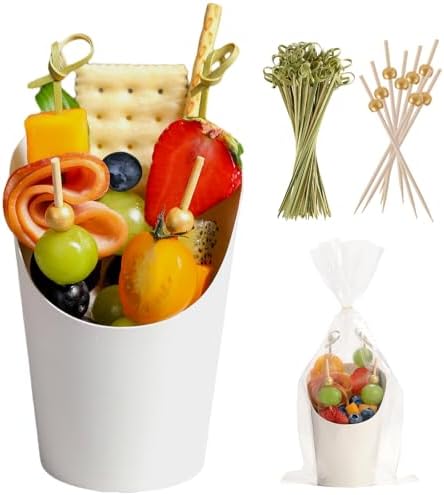 60 Sets Disposable Charcuterie Cups with Sticks and Bags, 14 oz White Kraft Paper Snack Boxes Appetizers Cup French Fry Holder with Cocktail Skewers Toothpicks Tooth Picks(60 Cups+60 Bags+200 Sticks)