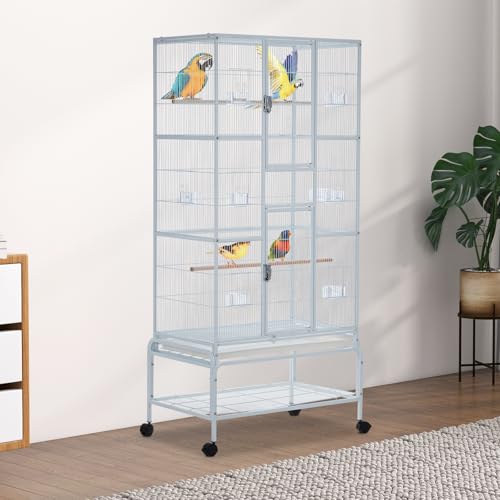 Image of 69'' Extra Large Bird Cage Metal Parrot Cage w /Detachable Stand for Mid-Sized Parrots Cockatiels Conures Parakeets Lovebirds Budgie Finch, White