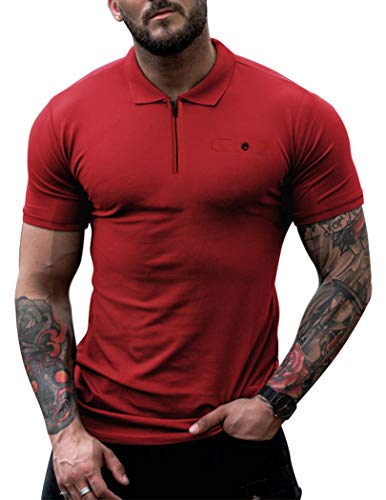 COOFANDY Men's Short Sleeve Zipper Polo Shirt Fitted Mesh Pique Golf Tshirts Pocket (Large, Red)