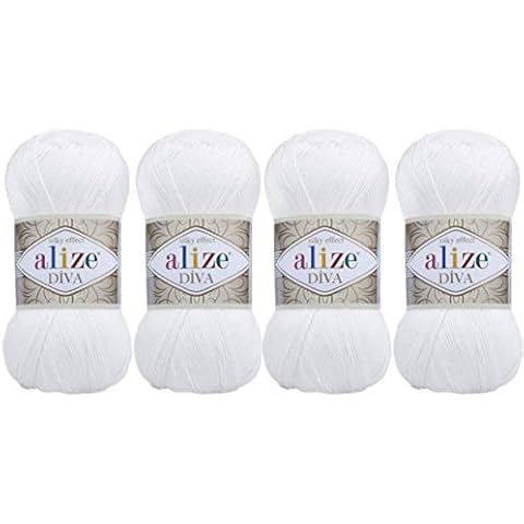 100% Microfiber Acrylic Alize Diva Silk Effect Knitting Sport Crochet Yarn Lot of 4 Ball skeins 400gr 1532yds Color (55 White) Cover