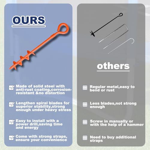 Image of Eurmax USA Trampoline Stakes Screw in Tent Stakes Parts Heavy Duty for Canopies,4-Pack Outdoor Anchor Kit with Straps(Orange)