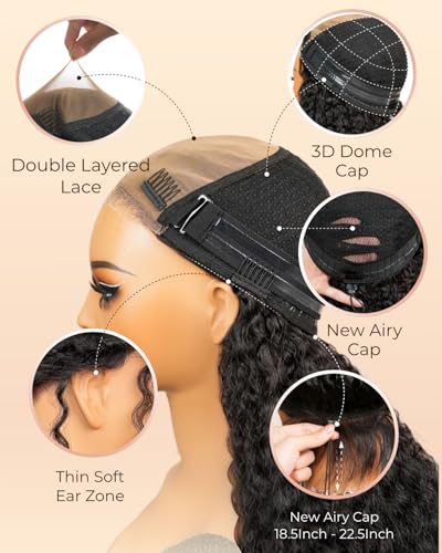 Image of Arabella Upgraded Half Wig Glueless Invisible Lace Hairline 3 in 1 Deep Curly Human Hair Wear & Go Wig 3D Cap HD Lace Seamless Blend Adjustable Drawstring Cap Beginner Friendly 20 Inch Natural Black