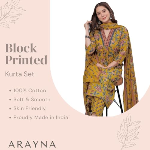 Image of Arayna Women's Pure Cotton Block Printed Kurta Set with Palazzo Pants & Dupatta - Ethnic Wear