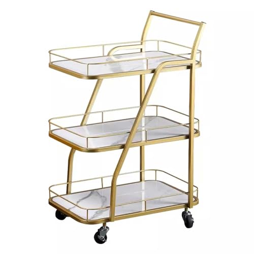 Este Carrito de Cocina de 3 Niveles con Ruedas, asa, Estante de Madera de mármol Blanco y Bordes biselados es Ideal para el Almacenamiento en la Cocina y el Comedor.
