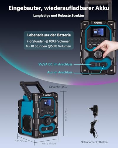 Baustellenradio Robustes DAB+ FM Radio mit Bluetooth, Ladestation, Aux Anschluss, Wiederaufladbarer Akku (Blau)