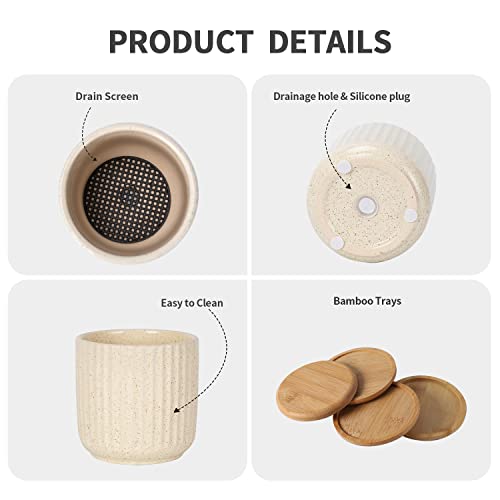 Tamaykim 4 Inch Ceramic Plant Pots With Drainage Holes, Modern Flower Planter With Bamboo Saucer For Indoor Plants, Succulent, Cactus & Herbs, Beige, Set Of 4 (Plants Not Included) #TOP2