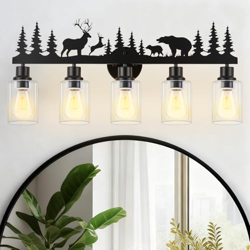 Image of Rustic Bathroom Light Fixtures with Deer Bear,5-Light Vanity Lamp | Farmhouse rustic style, Deer Bear Design,Clear Glass Shade,Wall Light for Bathroom, Hallway, Kitchen, Porch,Study, Bar