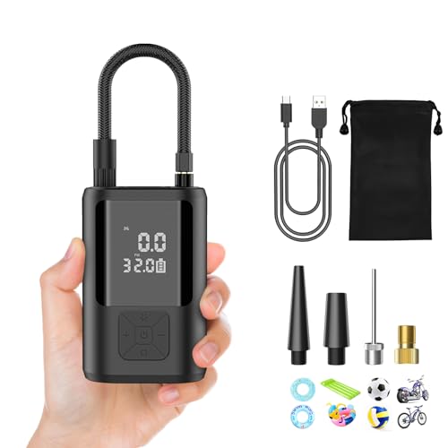 6000Mah Compresor Aire Portatil, 150PSI Inflador Ruedas Coche Mini Bomba de Aire Bicicleta Electrica con Pantalla LCD Digital y Linterna LED，con 4 Boquillas para Coches, Motos, Bicicletas Pelotas