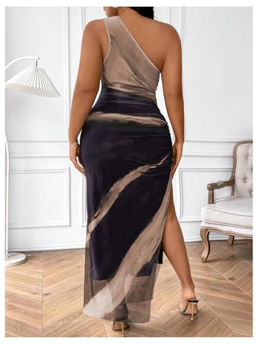 Image of Floerns Women's Plus Size Tie Dye Sleeveless Ruched One Shoulder Slit Evening Maxi Mesh Dresses