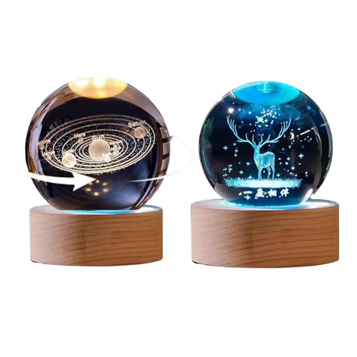 Image of 2 Pcs 3D Deer and Galaxy Crystal Ball Night Light | USB Powered LED Table Light, Enchanting LED Table Decor with Wooden Base Perfect for Home, Bedroom & Office Decor