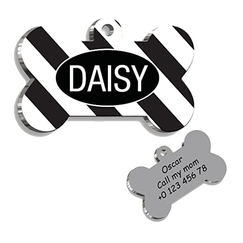 Black White Lines Bone Personalized Dog Tag - Custom Name Tag - ID Tag for Dog & Cat - Customized Pet Tags - Dog Name Tag - Cat Name Tag - Engraved Dog Tag