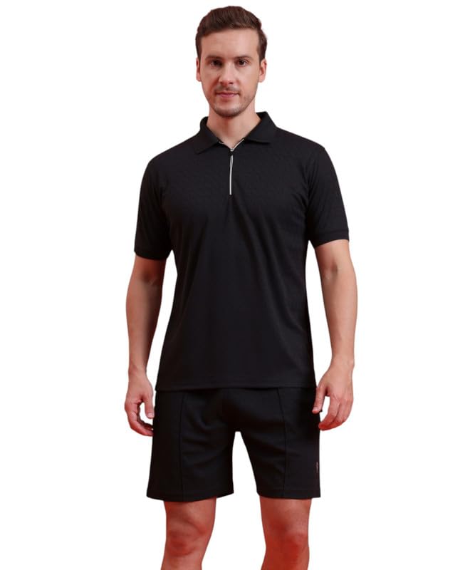 eppe Premium Black Co-ord Set for Men | Textured Polyester Polo T-Shirt with Zipper & Matching Mid-Rise Shorts | Two Piece Outfit | Regular Fit Casual Wear with Pockets-picture-13