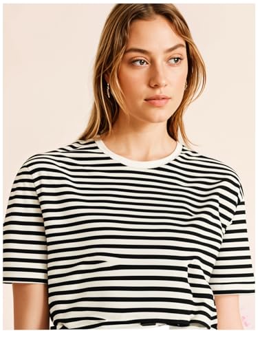 Image of Mack Jonney Oversized | Loose Fit | Half Sleeves 100% Cotton Round Neck Striped T-Shirt for WOMEN-MACK640558