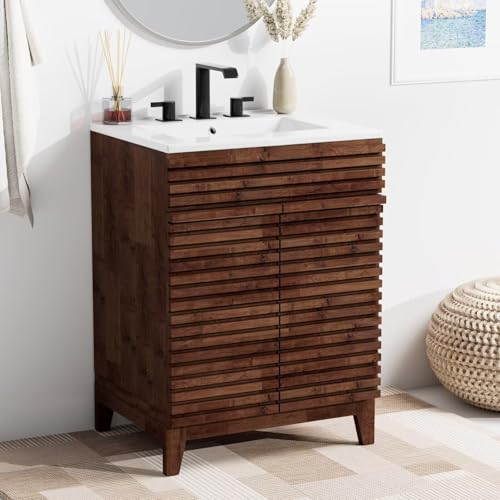 DOOMOOK 24' Nature Acacia Bathroom Vanity with 3 Holes Ceramic Sink Combo, Freestanding Vanity Cabinet with 2 Invisible Soft Closing Doors, Acacia Wood Grain