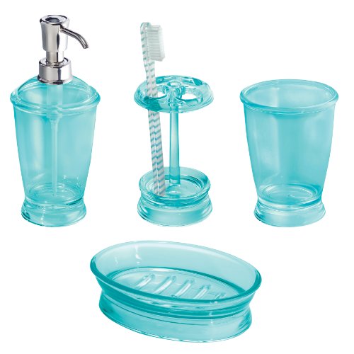 InterDesign Franklin Bath Accessory Set, Soap Dispenser Pump, Toothbrush Holder, Tumbler, Soap Dish - 4 Pieces, Aruba Blue