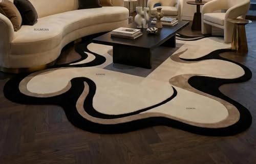 Image of Hand Tufted Wool Rug 6x8 Ft - Modern Irregular Shape Aesthetic Carpet, 1 Inch Thick Pile, Anti-Skid Backing, Soft Handmade Woolen Area Rug for Living Room, Bedroom, Hall Decor