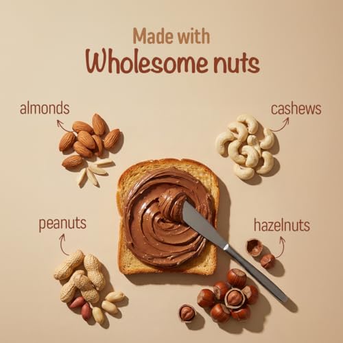 Image of Eatopia Choco Nut Spread 360g | 56% Nuts - Almond, Hazelnut, Peanut, Cashew | No Refined Sugar | Made with Honey & Jaggery | 20% Protein | Rich Cocoa | No Added Preservatives | Healthy Chocolate Spread