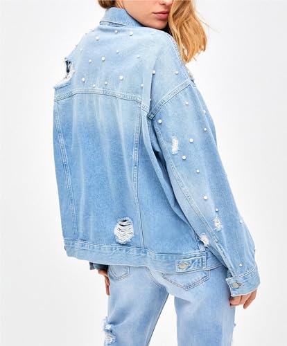 LifeShe Women's Pearl Denim Jacket Long Sleeve Ripped Distressed Jean Jackets Coat2