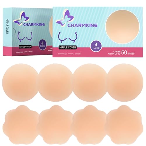 CHARMKING Nipple Covers 4 Pairs for Women, Reusable Adhesive Nipple Coverings, Invisible Pasties Silicone Cover Beige