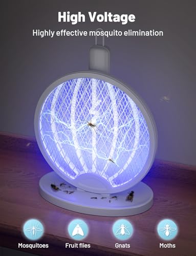 Image of YISSVIC 2 in 1 Mosquito Killer Racket, 4000V Foldable Electric Fly Swatter | Charging Base & Attractant Light, Rechargeable 1800mAh, Bug Zapper Indoor, For Home, Patio, Backyard, Camping