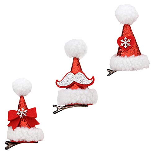 FRCOLOR Santa Hat Hair Clip,Sequin Hair Clips Christmas Pompom Hair Clip Christmas Headdress Glitter Santa Hat Hair Barrettes Bobby Pins for Girls,Kids,3pcs - Image 3