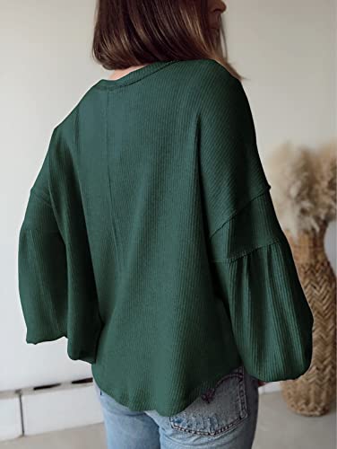 Btfbm Women Casual V Neck Ribbed Knitted Shirts Tunic Tops Christmas Balloon Long Sleeve Pullover Blouses Tops With Pocket (Solid Dark Green, X-Large) #TOP2