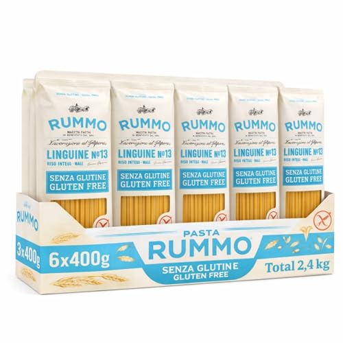 Linguine Rummo Nº13, Pasta Italiana, Pasta sin gluten, Pasta alimenticia con harina de arroz integral y maíz, Sin gluten, Elaboración lenta, 6 Paquete de 400 gr