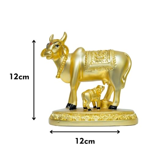 Image of Gold Matte Cow and Calf Big Idol | Vastu Showpiece for Home Temple, Pooja Room & Housewarming, Festival Gifting | Sacred Kamdhenu Figurine for Positivity & Prosperity | Size 8.5x7x5.5 cm