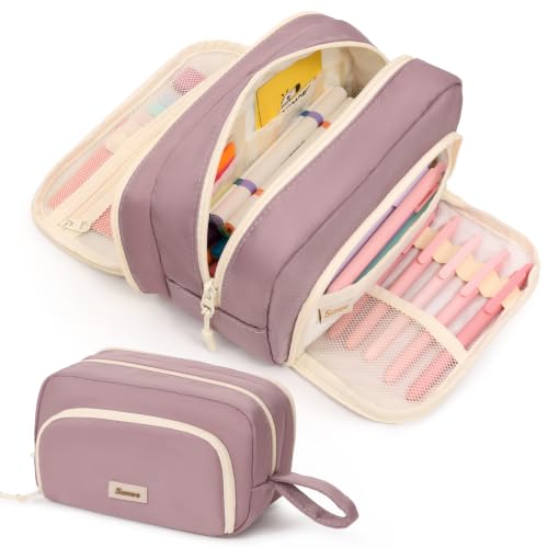 Image of SUNEE Cute Pencil Case, Aesthetic Pen Pouch with 3 Compartments, Kawaii Colored Large Pencil Bag with Zipper, Stationery Storage and Organizer, Purple School Supplies for Teen and Adult Girls