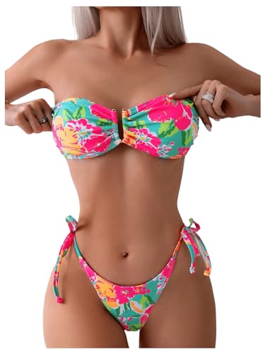 WDIRARA Women's Floral Print Bandeau Tie Side Bikini Set Strapless Swimsuit Two Piece Bathing Suit