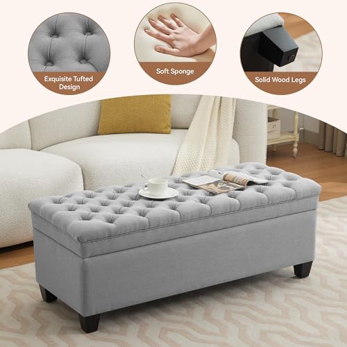 Image of WUTUTUEE 50 inch Fabric Storage Ottoman Bench, Upholstered Rectangle End of Bed Storage Ottoman Tufted Living Room Bedroom Bench with Safety Hinge, Solid Wood Legs, Loads 500 lb(Light Grey)