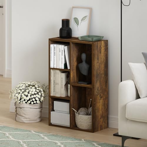 Image of Furinno LUDER Book Shelf, 5-Cube Bookshelf, Reversible Bookcase, 9.4 x 19.5 x 31.5, Easy Assembly, for Living Room, Bedroom, Home Office, Amber Pine