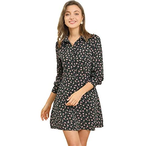 Allegra K Vestido Camisero Estampado Floral De Lunares Manga Larga Soplo Media Tapeta para Mujer Negro XL Cover