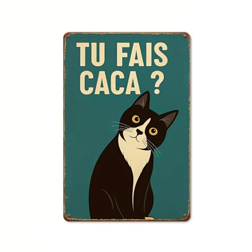 Gemejutor Plaque Métal Vintage Française « Tu Fais Caca? » - Décor Drôle De Chat Noir pour Salle De Bain Et Toilette - 20x30cm Plaque Rétro