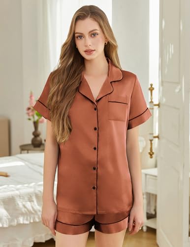 Image of Silk Pajamas for Women Short Sleeve Sleepwear Soft Button Down Loungewear 2 Piece Satin Pjs Shorts Set S-XXL