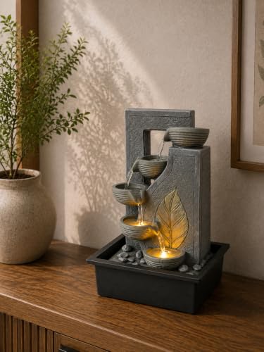 Image of CHRONIKLE Indoor Tabletop Water Fountain with Warm LED Light & Controller Pump|Golden Leaf Designer 4 Diya Step Cascade Polyresin Waterfall Fountain for Home, Meditation Decor | Silver | 40x29.5x22 CM