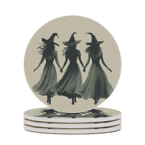 Juego de 4 posavasos absorbentes de Halloween con tres brujas tomadas de la mano
