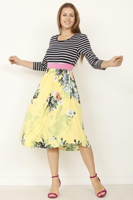 Image of Eloges Women's 3 /4 Sleeve Contrast Waist Band Floral Curved Hem Midi Dress
