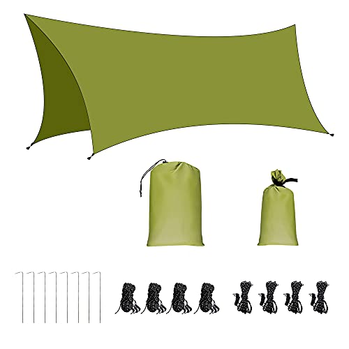 AROMUJOY Bâche Anti-Pluie Camping Tent Tarp Imperméable Housse de Pluie Anti Soleil et Waterproof Toile de Tente Abri de Randonnée Pliable Portable pour Voyage Picnic Vert Armée 3x4.45M Cover