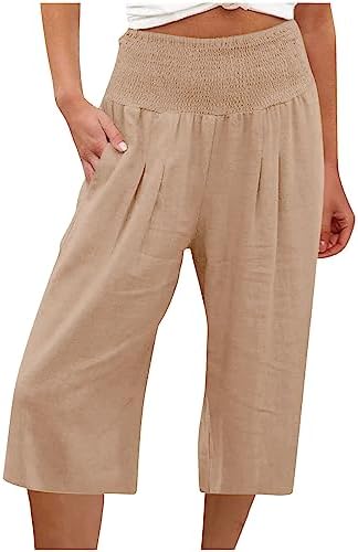 Womens Capri Wide Leg Pants Summer Boho Linen Palazzo Trousers High Waist Casual Flowy Beach Travel Vacation Outfits